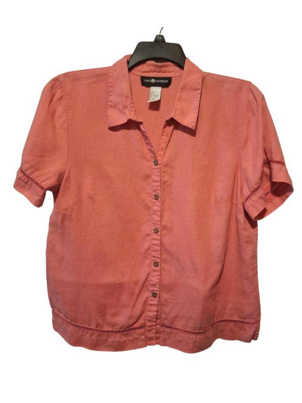 Sag Harbor Womens Coral 100% Linen Button-Down Short-Sleeve Blouse Size 16